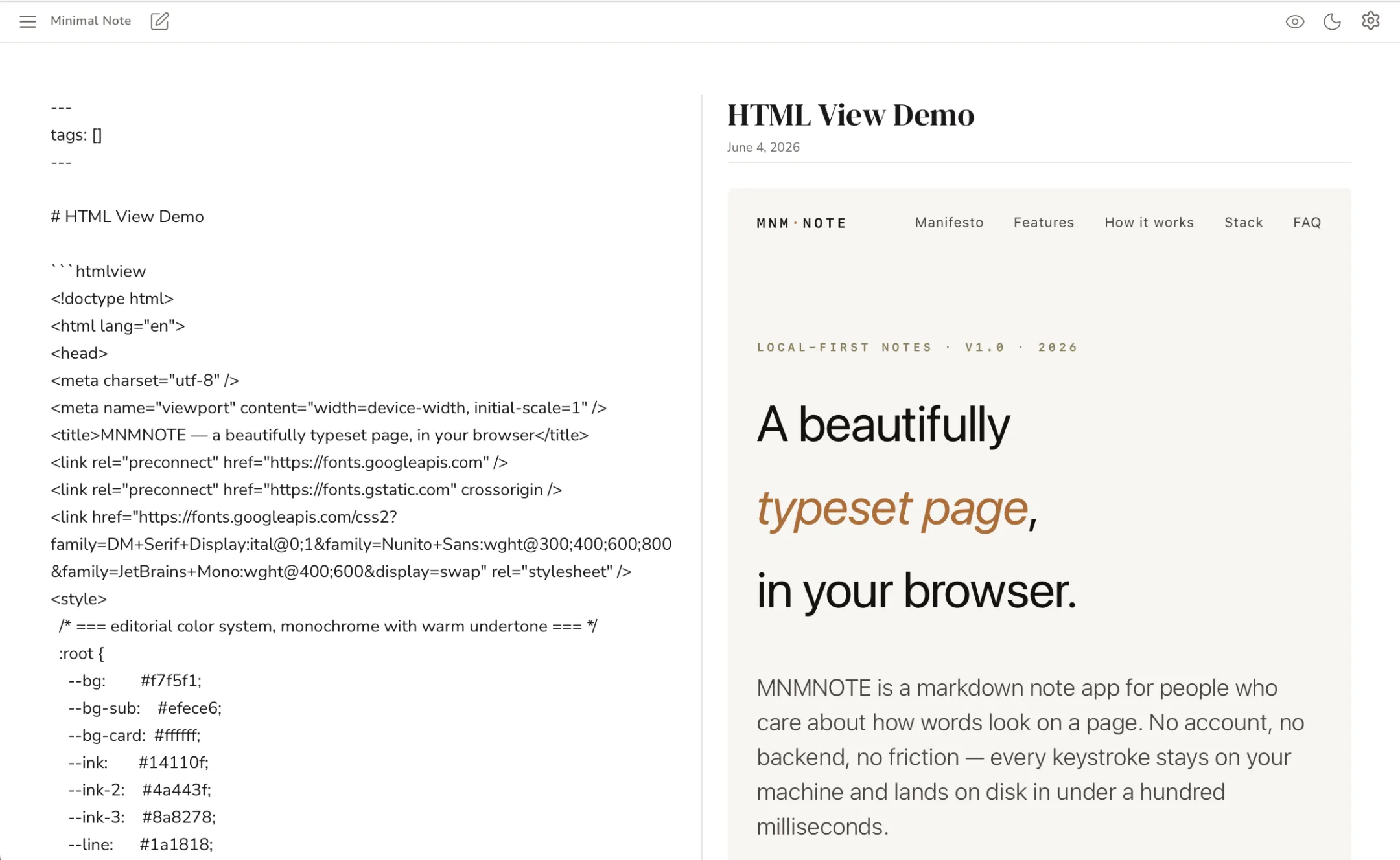An htmlview code block rendering live HTML as a styled page inside a note