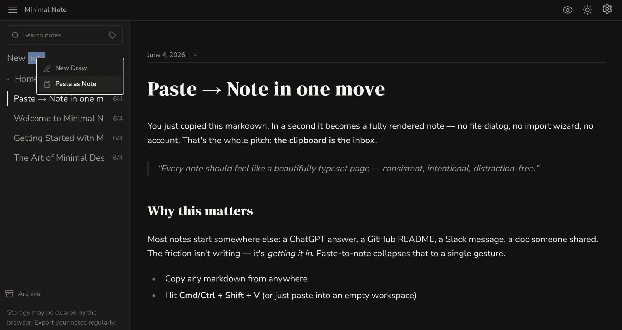 Paste as Note in dark mode