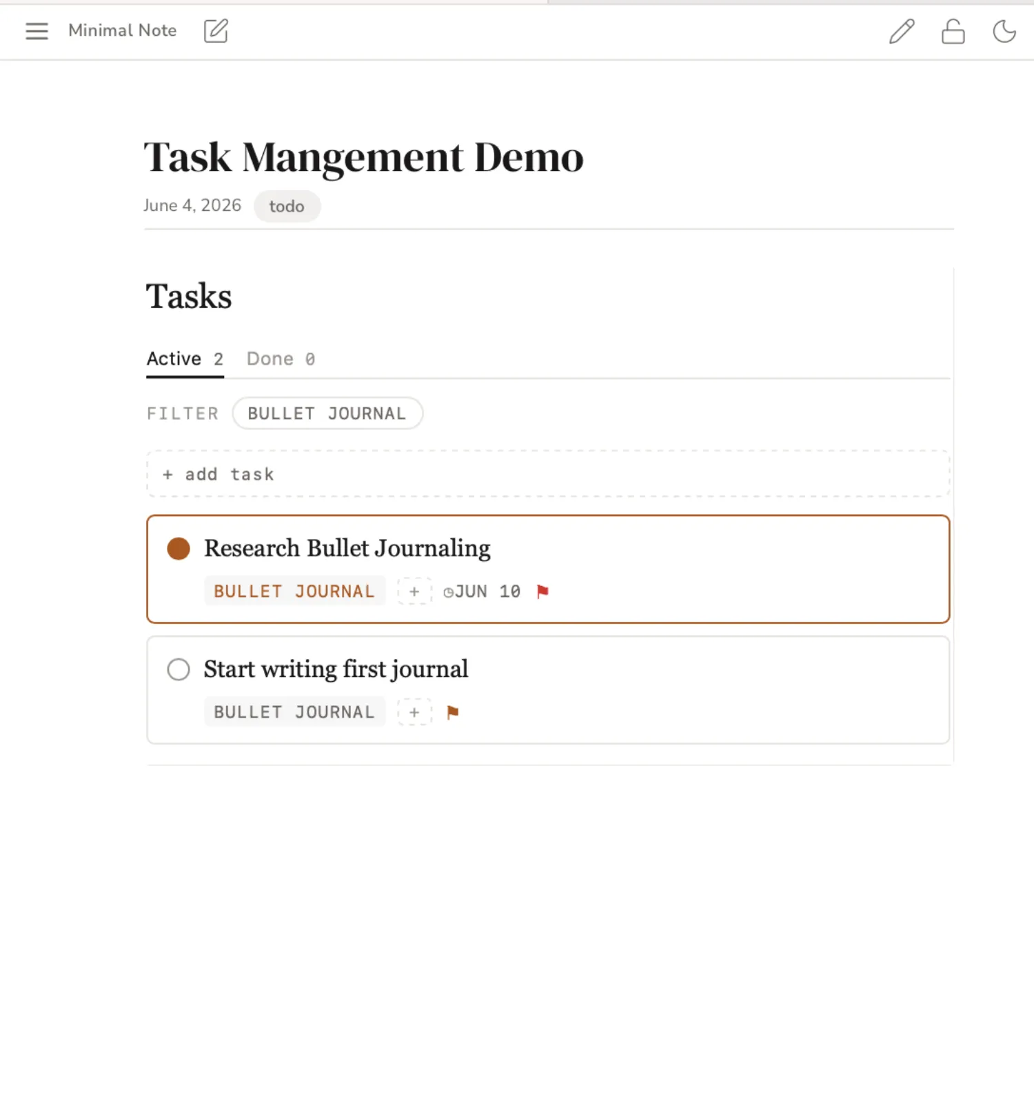 A note turned into a task board with active tasks, tags, due dates and priorities